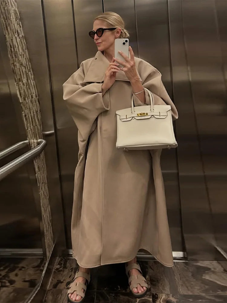 Chic Stand Collar Long Woolen Coat Women Puff Sleeve Single Breasted Loose Warm Overcoat 2025 Autumn Winter Lady Outwear New