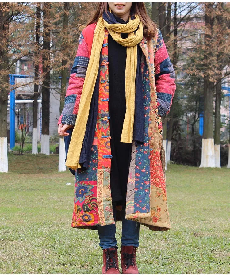 LZJN Women's Winter Single-breasted Cotton Jacket Traditional Chinese Coat Long Patchwork and Cotton Thick Jacket