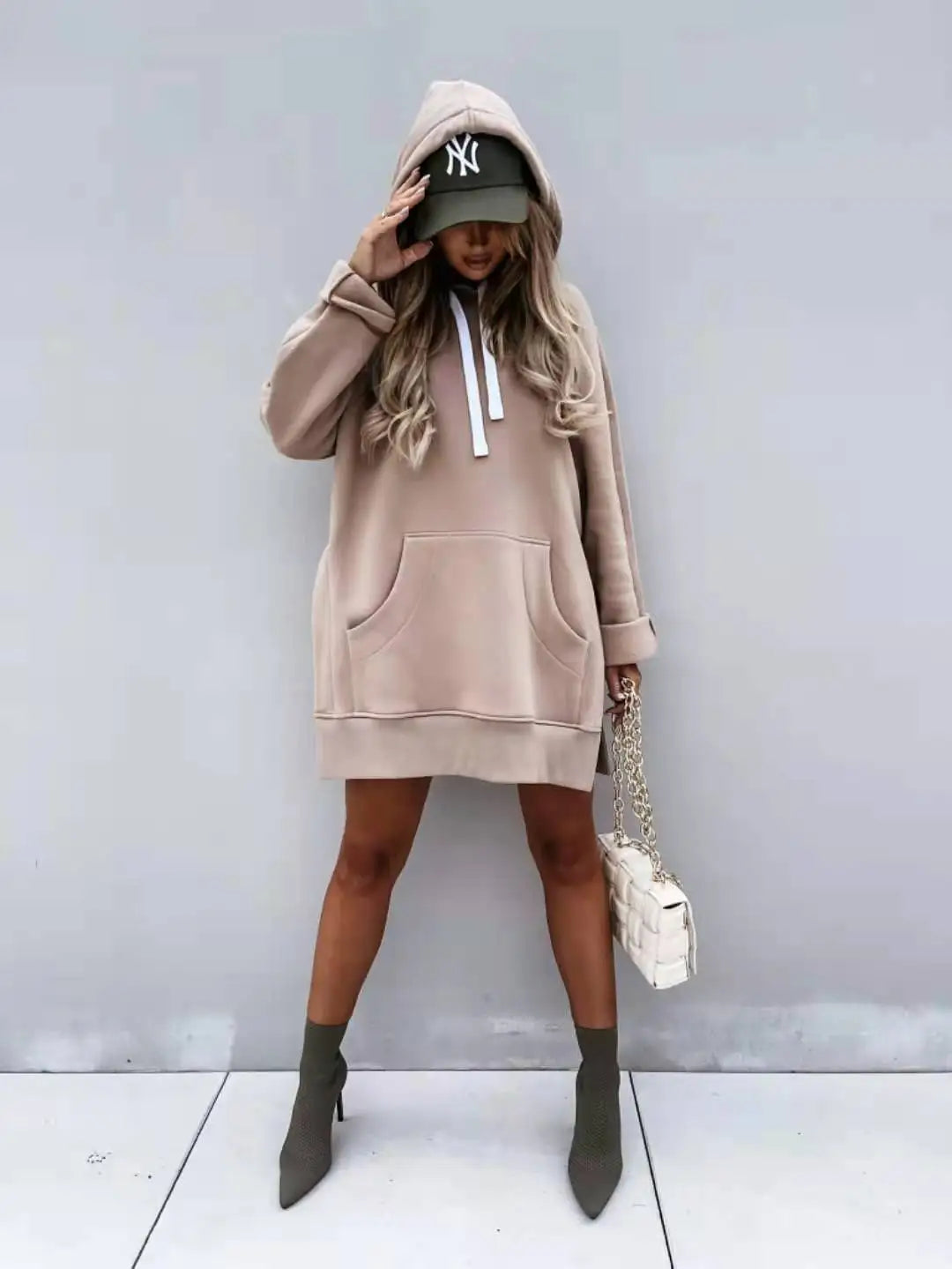 2025 European and American Foreign Trade Autumn and Winter New Women's Solid Color Hooded Mid-length Sweatshirt