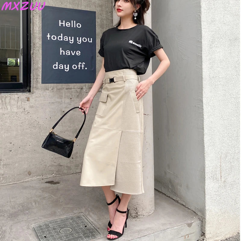 Women Clothes 2025 Spring Genuine Leather Falda Midi Mujer Sheepskin Beige High Waist A-line Maxi Skirt Front Slit Korean Style