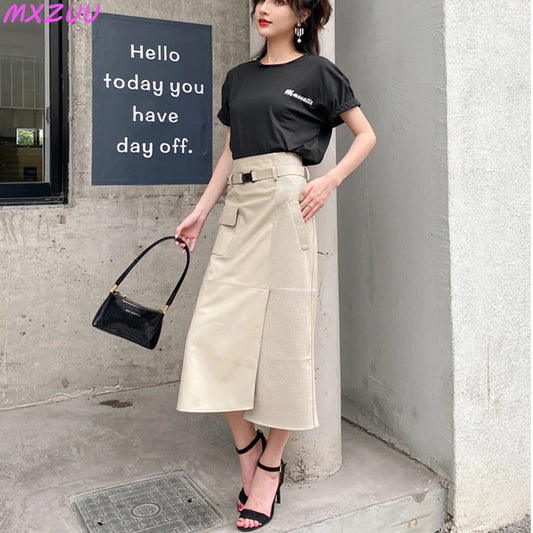 Women Clothes 2025 Spring Genuine Leather Falda Midi Mujer Sheepskin Beige High Waist A-line Maxi Skirt Front Slit Korean Style