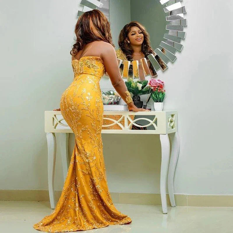 Aso Ebi Black Women Party Dresses Plus Size Gold Lace African Formal Dress Sheer Neck Mermaid Prom Gown