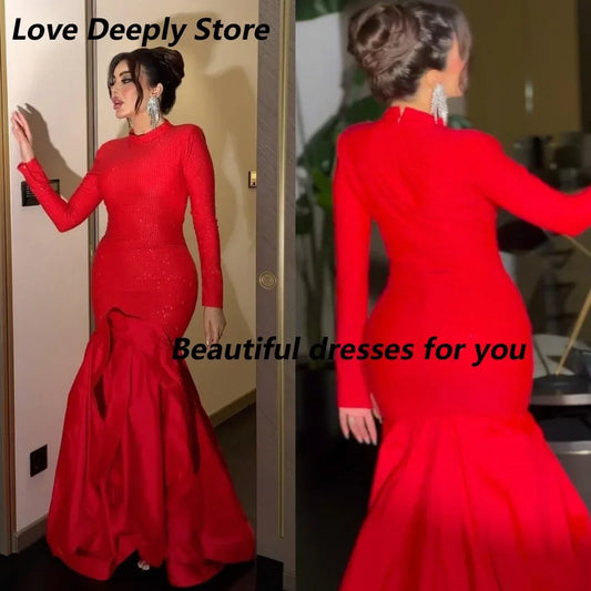 Customized Elegant Saudi Arabia Evening Dresses Long Sleeves High Neck Party Dress Jersey Draped Long Mermaid Prom Dress