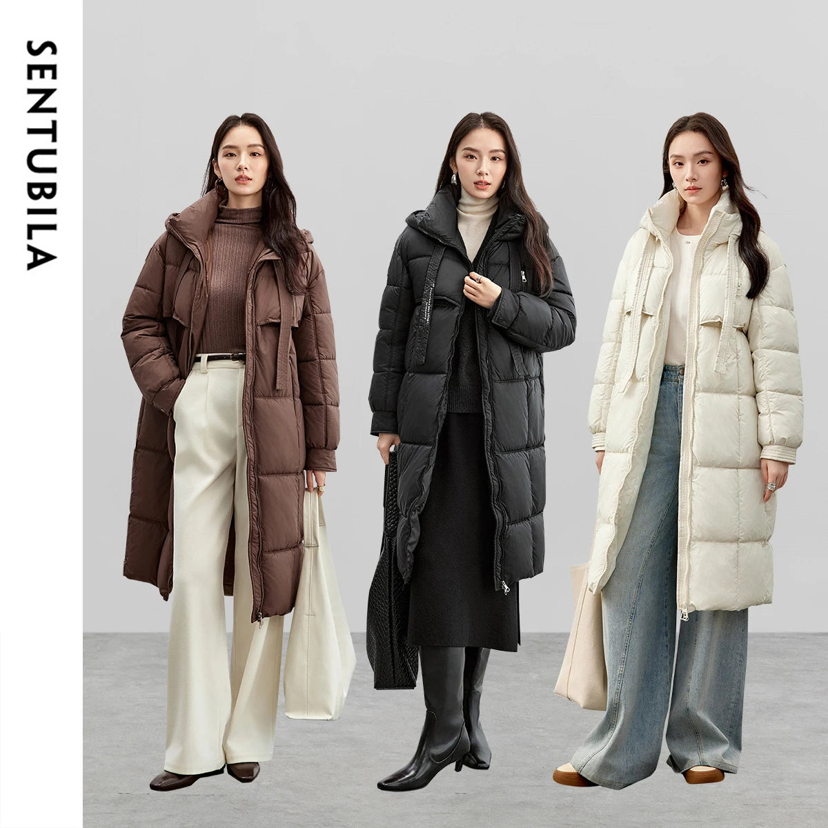 SENTUBILA Women's Long Parkas 2025 Winter Padding Coat Oversized Stand Neck Hooded Zipper Warm Outerwear Woman Clothes W44M58169