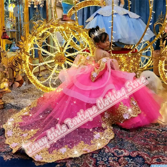 Rose Pink Girl Party Long Dresses Gold Appliqued Wedding 2025 Customized Birthday Pageant Feast Events Dress