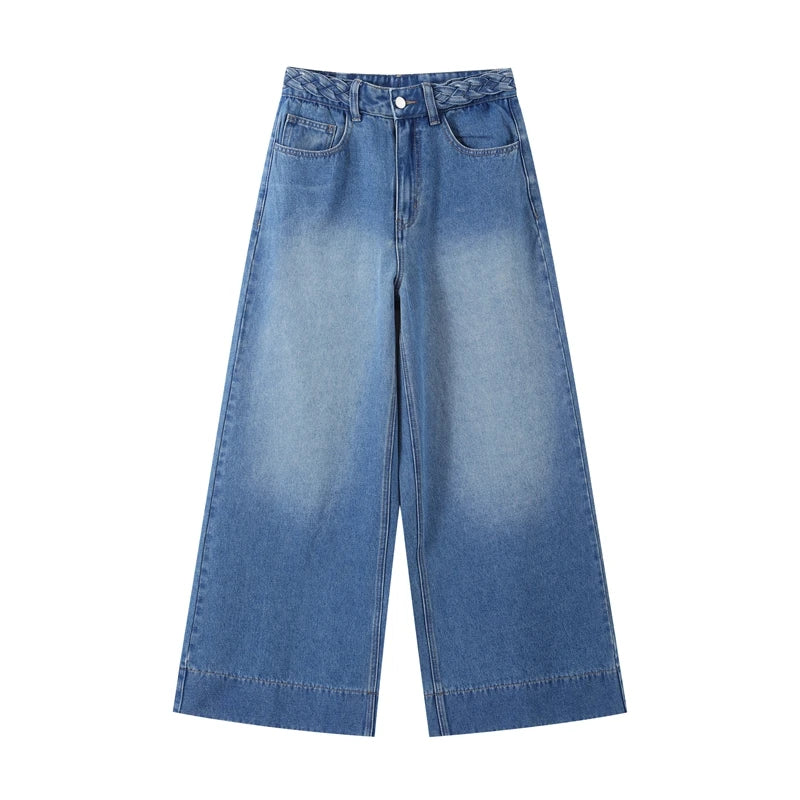 Braided Twist Jeans Woman Low Waist Full Length Loose Wide Leg Trousers Female 2025 Spring Summer New Fashion Street Denim Pants