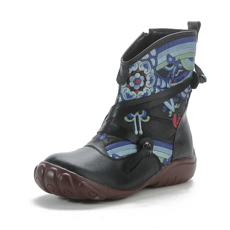 Xiuteng 2023 Ethnic Style Printed Retro Genuine Leather Shoes Women's Boots For Warmth And Comfort Cotton Ankle Shoes