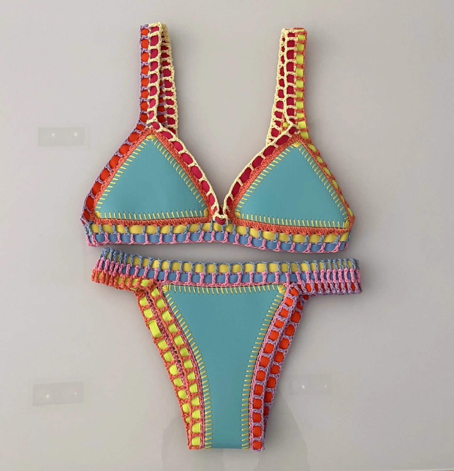 Turquoise Women Sexy Neoprene Triangle Swimsuit Swimming Wear Set Crochet Bikini Beachwear Bathing Suit For Vacation Wear