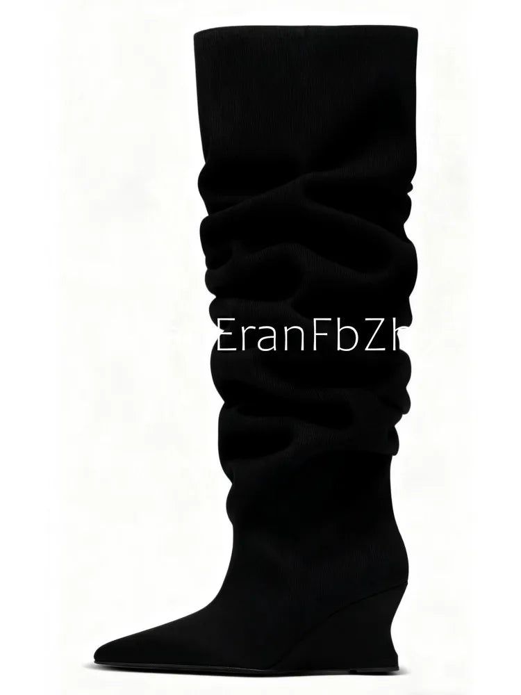 European and American Autumn and Winter Pleated Thick High Heels Knee High Women's Boots Pointed Fashion Party Women's Boots