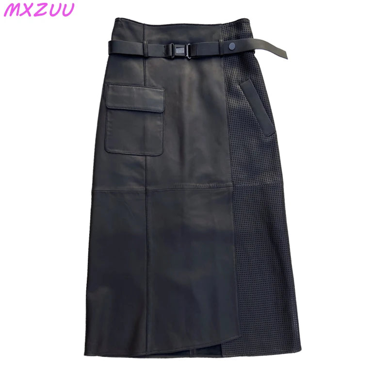 Women Clothes 2025 Spring Genuine Leather Falda Midi Mujer Sheepskin Beige High Waist A-line Maxi Skirt Front Slit Korean Style