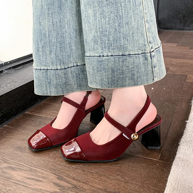Summer Genuine Leather Toe Block Heel Mary Jane Shoes Women's High Heels Fashion Women's Shoes Comfortable and Elegant Sandals
