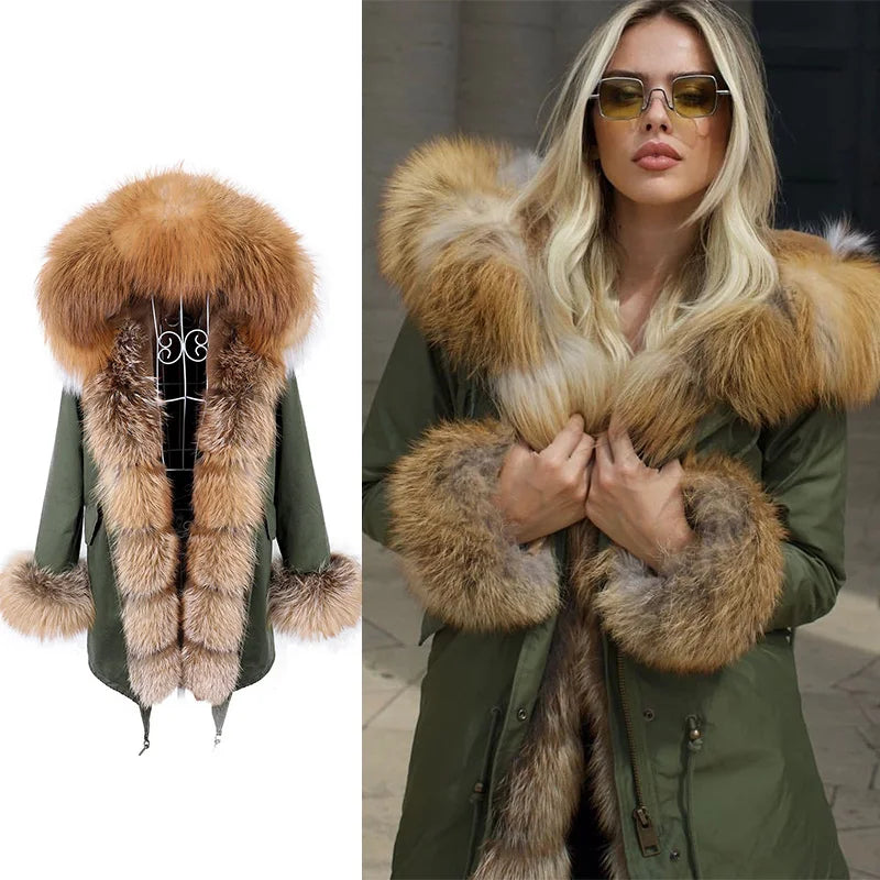 2025 Women's jacket Natural Real Fox fur Jacket Hooded black Woman parkas Winter warm Coat Parkas