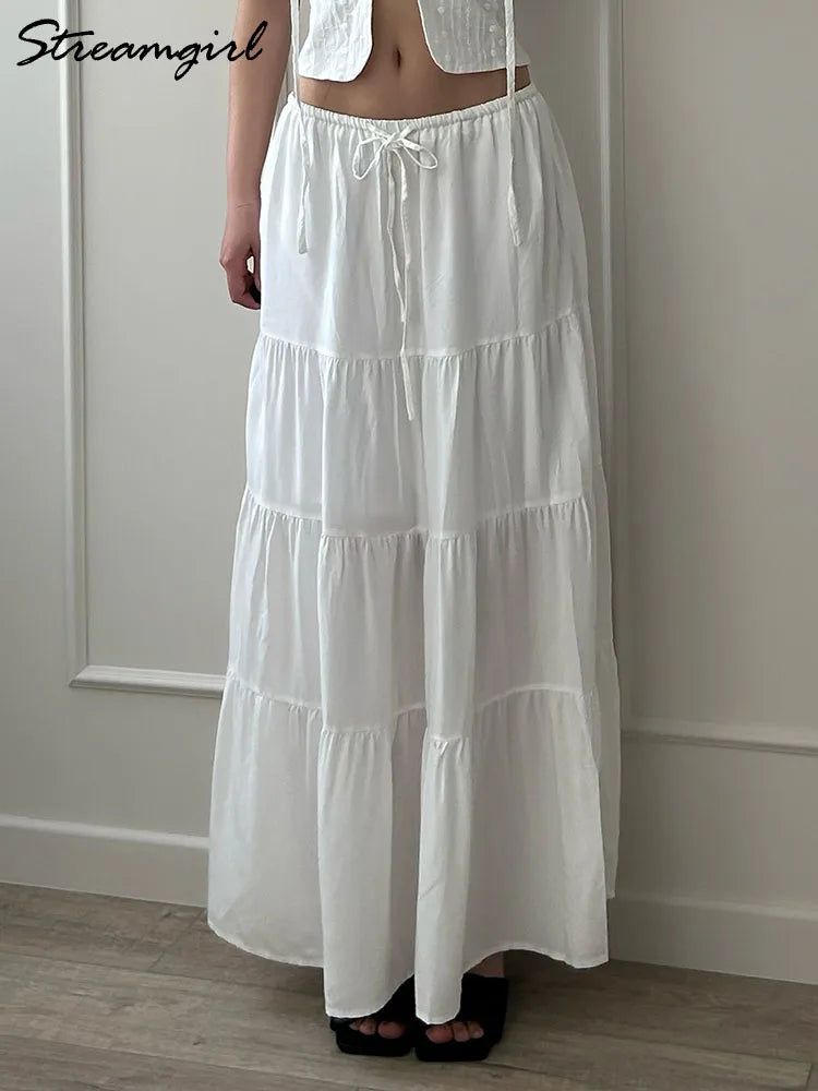 Brown Long Skirt Women Summer Cotton Ruffle Floral Skirt Woman Luxury Green Tie Up Loose White Women Long Skirts High Waisted