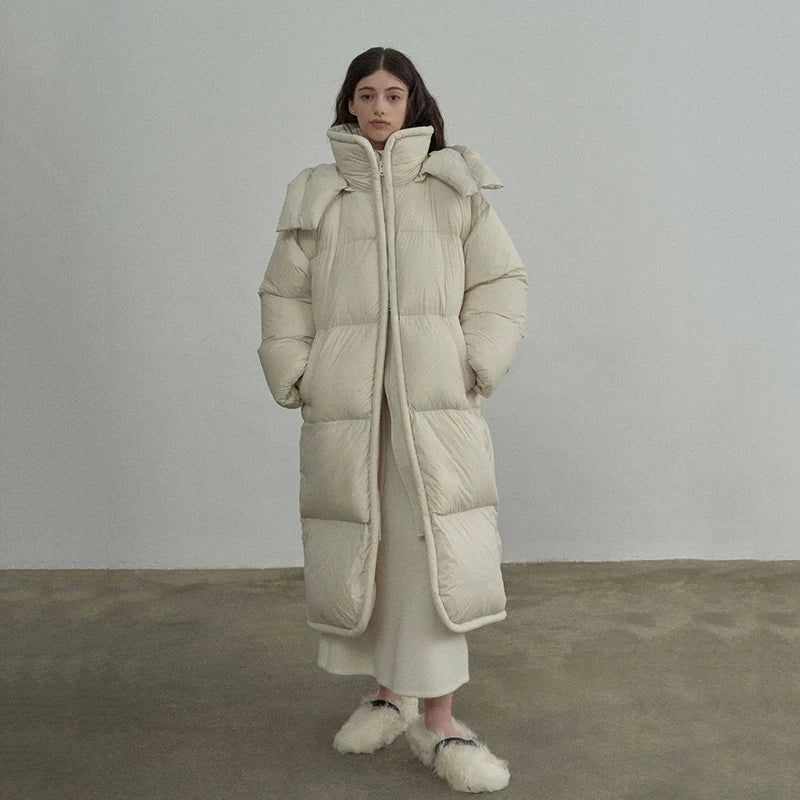 Winter Hooded Mid-length Down Jacket Women Loose Thick 90 White Duck Down Jacket Female Windproof Long Over Knee Down Parka Coat
