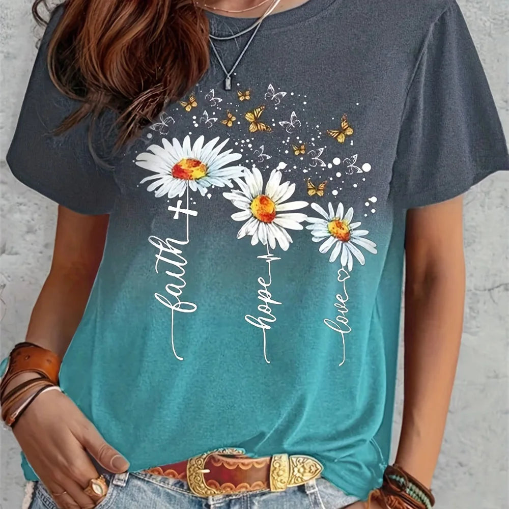 Women's Gradient T-shirt Fashion Flower Print Loose Round Neck Top Casual Comfortable Short Sleeve Women's Party T-shirt 2024