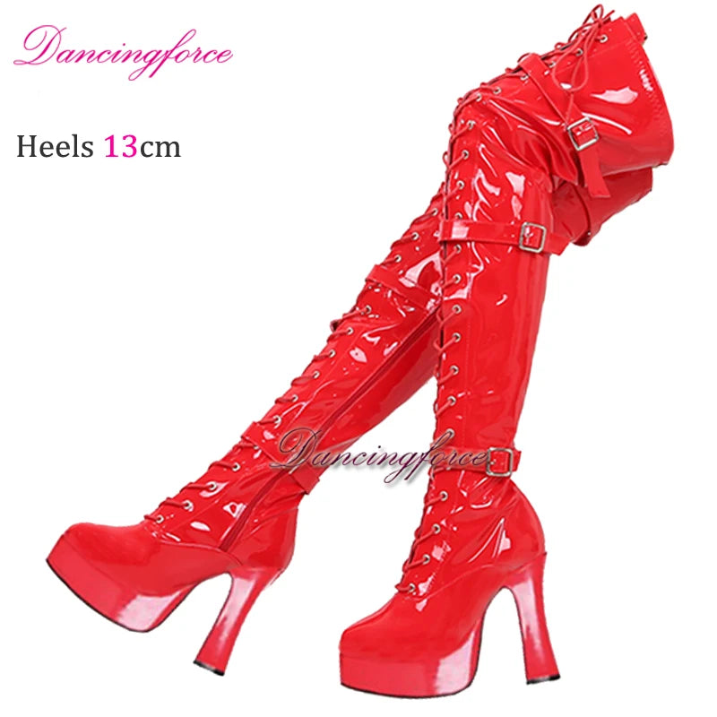 Sexy Green 13cm Chunky Heels Over Knee Boots 3 Buckles Belts Thick Platform Nightclub Party Dance Thigh High Long Boots Women