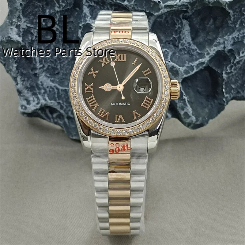 BLIGER 31mm NH05 Automatic Watch For Women Pink Gold Gray Purple Sunburst White Mother Pearl Dial Diamond Index Steel Bracelet