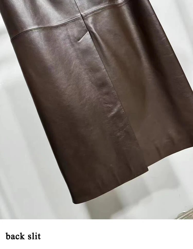 Women's Ankle Long Leather Skirt with Waist Belt Female Soft genuine Leather Back Split Straight Jupe Slimming 85 cm Maxi Faldas