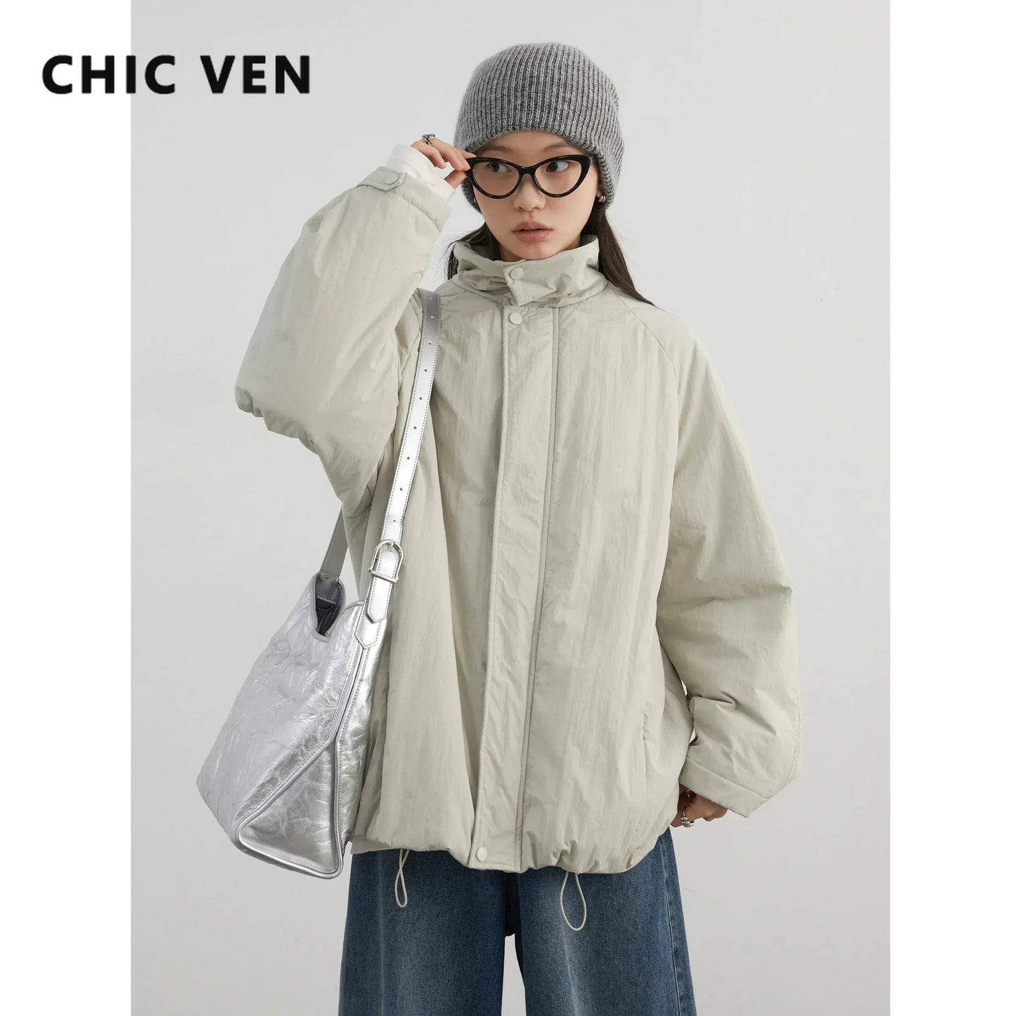 CHIC VEN Women Parkas Streetwear Loose Solid Stand Collar Female Jacket Mid Length Woman Coat Sports Autumn Winter 2025