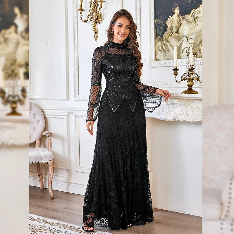 2025 New Sexy Elegant party dresses woman Black Prom Vintage great gatsby Evening dress Long Sleeve Lace Formal Dresses
