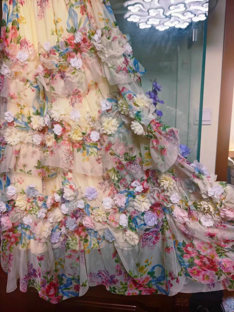 TIYIHAILEY-Women's Long Maxi Mesh Skirt, Elastic High Waist Layer Skirts, Beige Flowers Ball Gown, Fashion, 2025 New Ladies