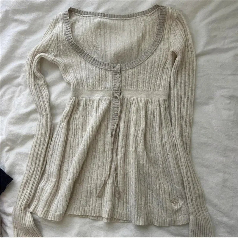 Women Y2K Fairy Grunge Long Sleeve Sweater Aesthetic Button Up Babydoll Knit Tops Square Neck Harajuku Tunic Knitwear