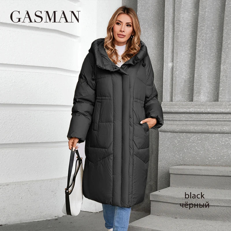 GASMAN 2024 Winter Down Jacket Women Long Classic zipper Design Pocket Stand Collar Hooded Slim Coat Women Parkas 88590
