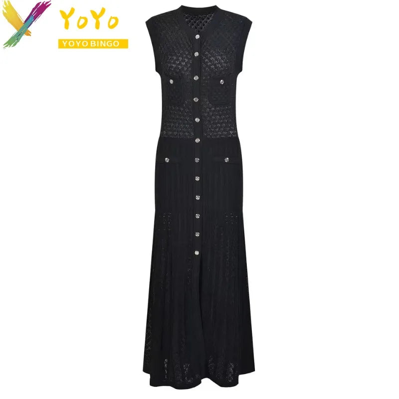 Elegant Formal Knit Black/Green V-neck Sleeveless Button Split Dress New Fashion temperament Slim Fit Chic Work Sweater Dress