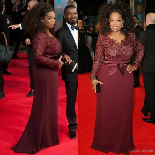 Plus Size Mother Of The Bride Dresses Burgundy Lace Long Sleeves V Neck Red Carpet Evening Wedding Party Prom Gown Madrinha