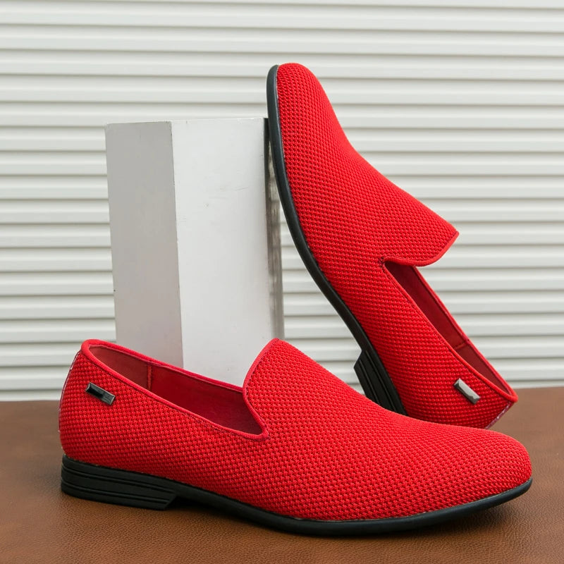 Orange Luxury Male Formal Shoes Summer Knit Breathable Oxfords Shoes Men Slip-on Pointed Toe Dress Loafers Men's Elegant Shoes