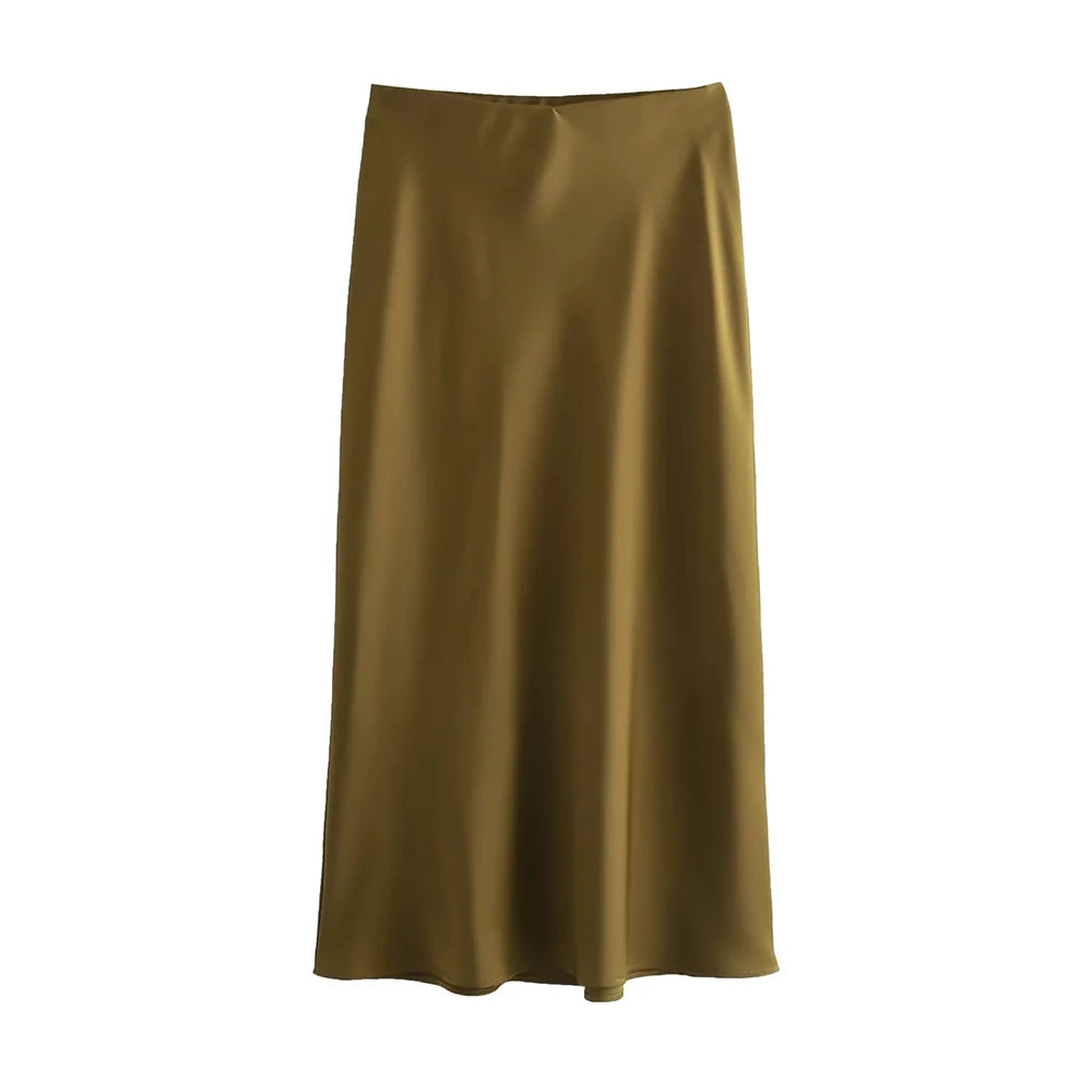Women's Soft Touch Silk-Like Midi Skirt High Waist Elastic Waistband Chic Fashion Female Skirts Elegant Mujer