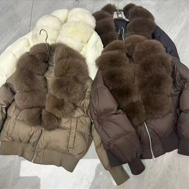 Winter Natural Big Fur Collar Down Jacket Female Warm Thick Quilted Cotton Jacket Women 90 White Duck Down Zipper Parker Outwear