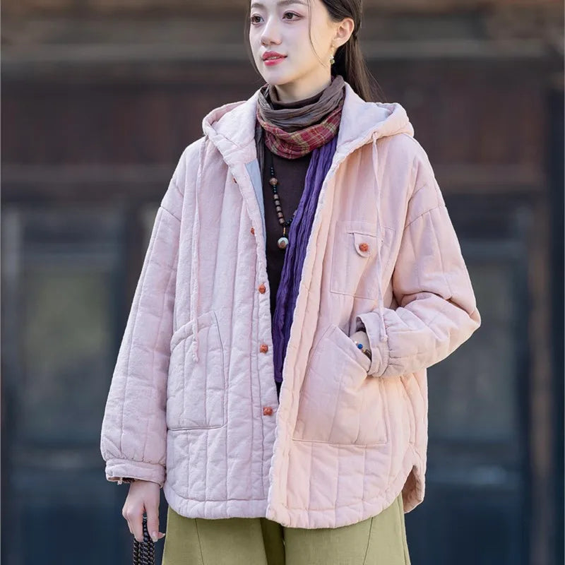 Johnature Women Hooded Ramie Cotton Parkas Solid Color Button Coats 2025 Winter Chinese Style Warm Plus Cotton Pockets Parkas