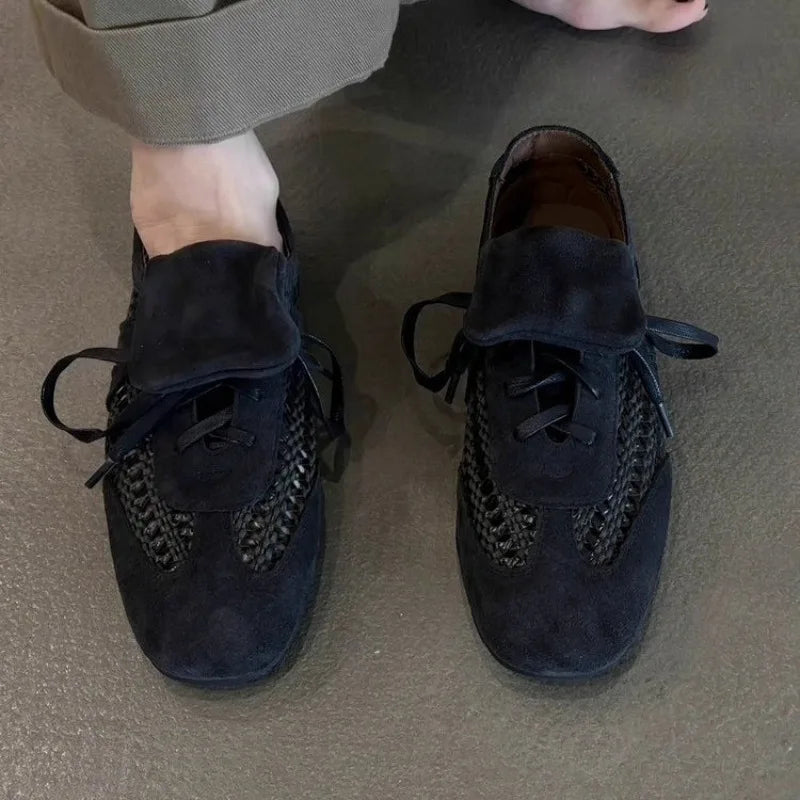 Women's Soft Sole Soft Sneaker Fall New Round Toe Deep Mouth Suede Open Toe Front Lace-Up Non-Slip Flats