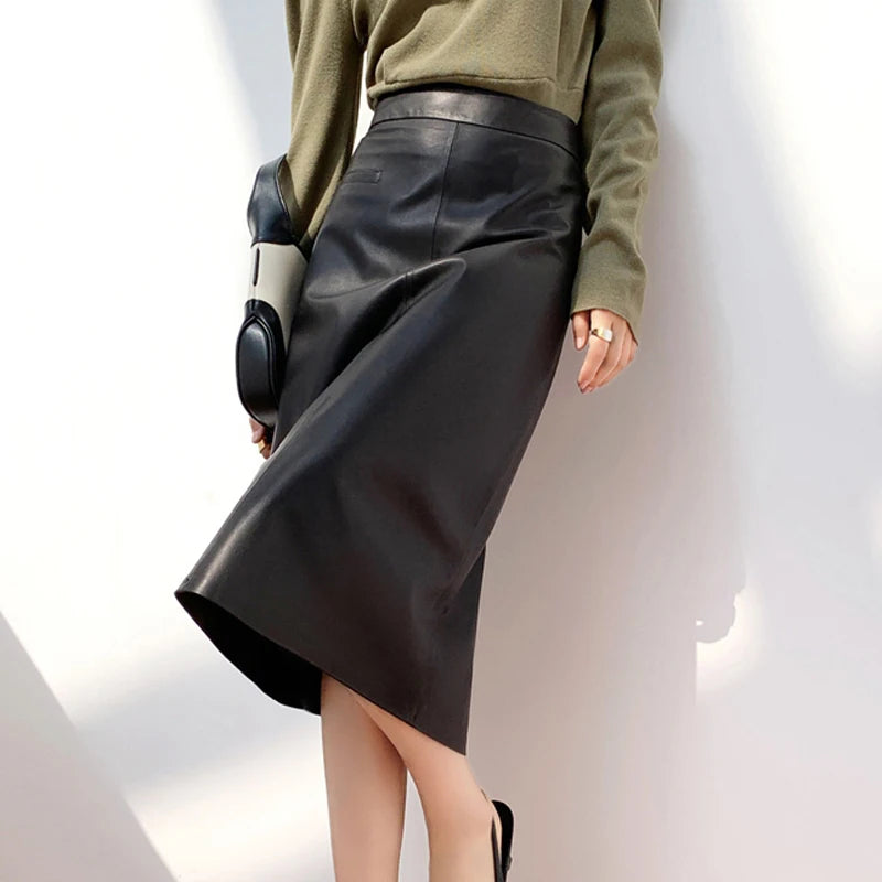 Spring New Genuine Leather Skirt For Women High Sense Vintage A-line 70 cm Jupe Longue Femme Simple Maxi Apricot Black Etekler