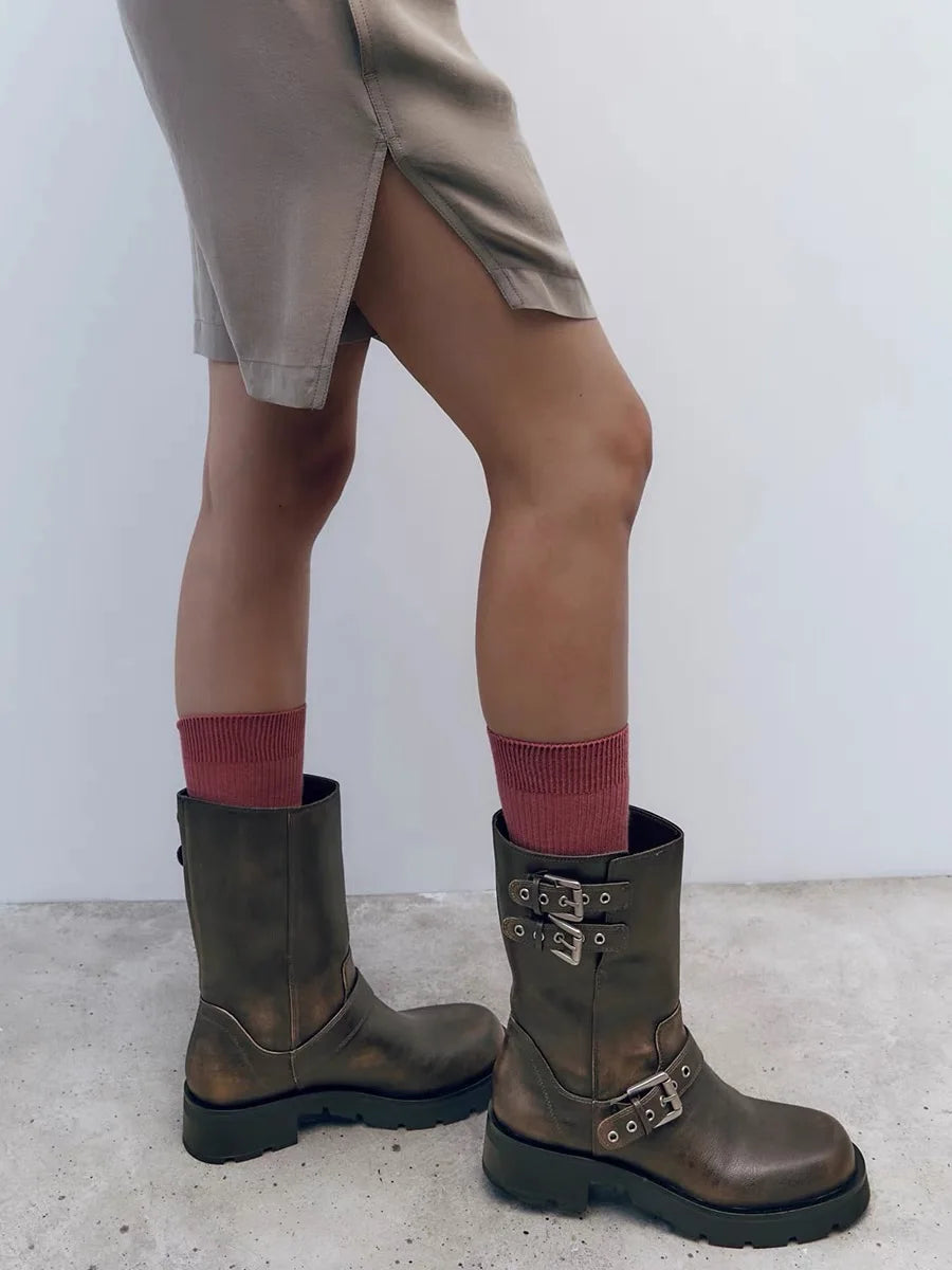 Women's Western Knight BootsWith Thi Heel And Belt Bule round Toe Motorcycle Boots  Boots Brown Autumn Winter