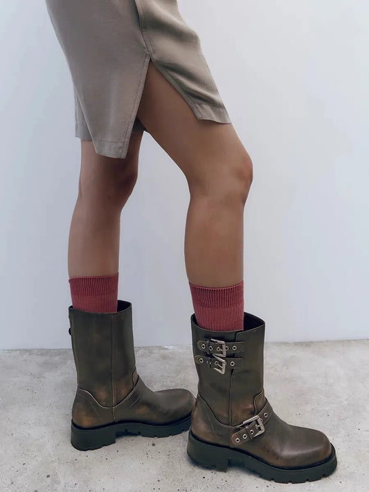 Women's Western Knight BootsWith Thi Heel And Belt Bule round Toe Motorcycle Boots  Boots Brown Autumn Winter