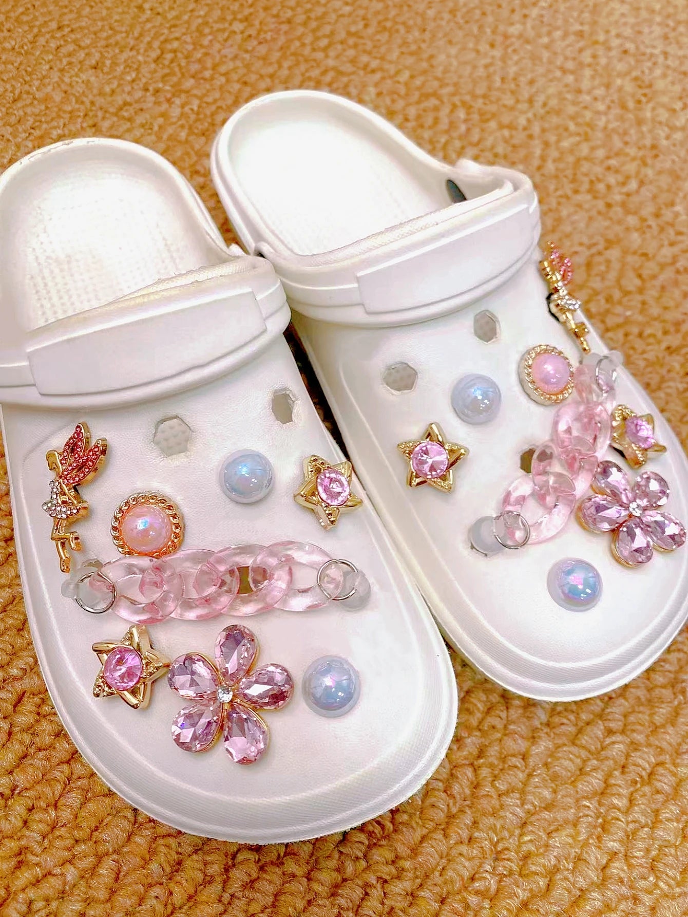 16 pieces of pink crystal chains, fairies, five-petal, beads, pink stars and other crocs accessories, ABS shoe flowers, DLY deco