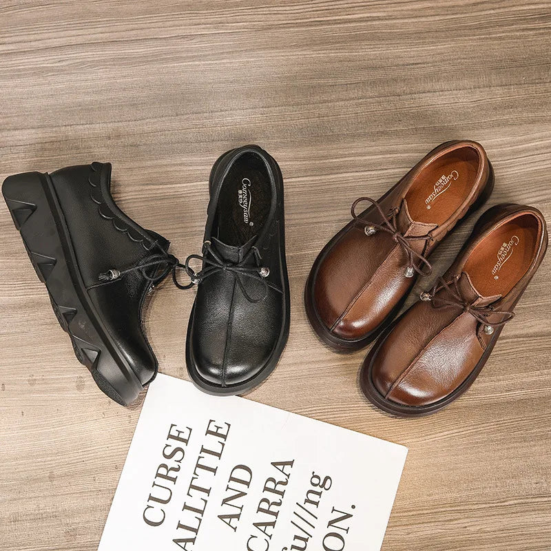 Round Head Leather Women's Shoes With Sloping Heel And Thick Soles