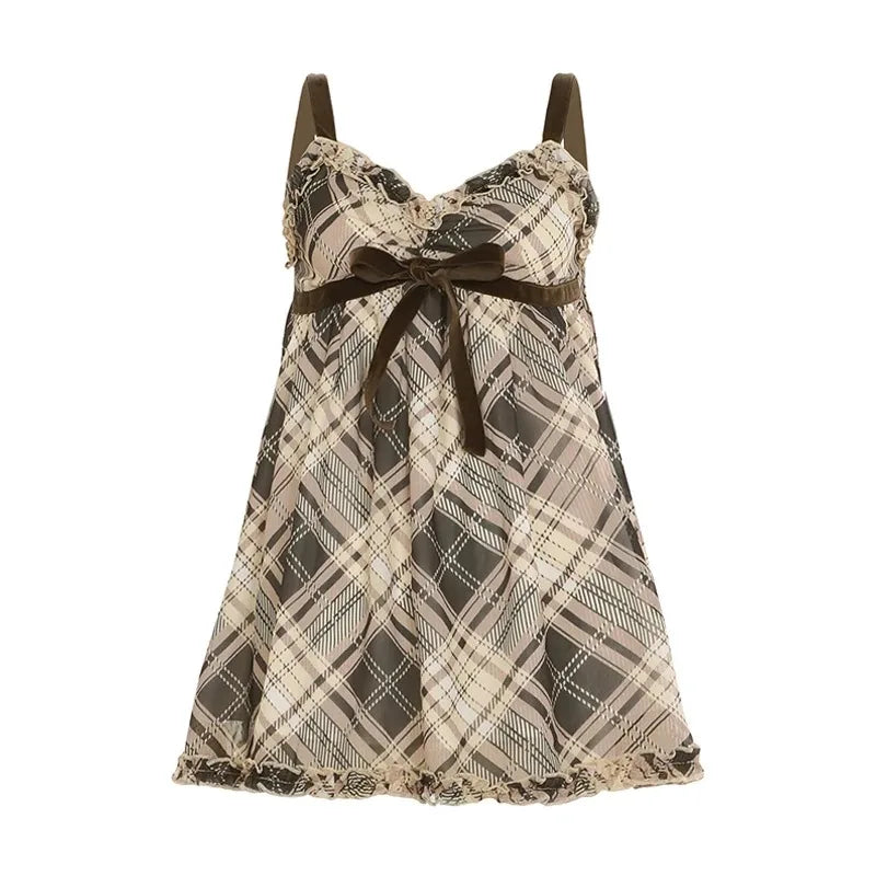 Sweet Plaid Bow Cute Simple Camisole Dresses Tops Fashion All-Match Retro Women Home Clothing