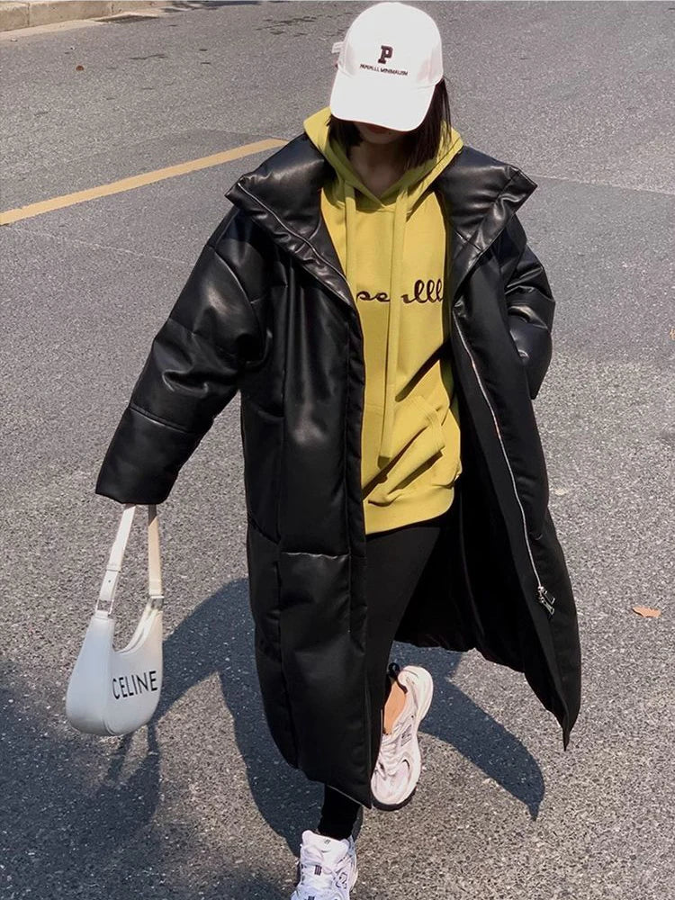 Winter Long Pu Leather Down Jacket Female Black Thick Warm Cotton Parka Outwears Women White Duck Down Knee Length Down Jackets