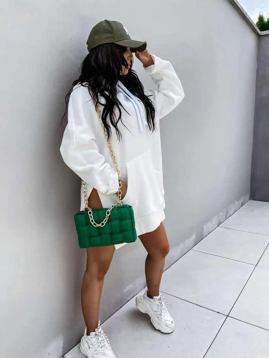 2025 European and American Foreign Trade Autumn and Winter New Women's Solid Color Hooded Mid-length Sweatshirt