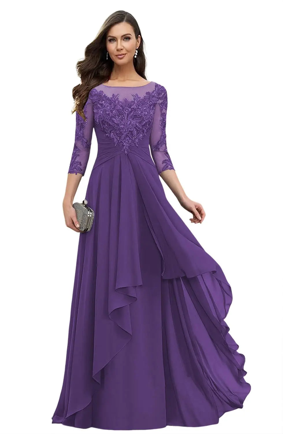 Women's Elegant Lace Mother of The Bride Dresses Scoop Neck Chiffon Ruffles Formal Evening Gowns A-Line Wedding Guest Gowns