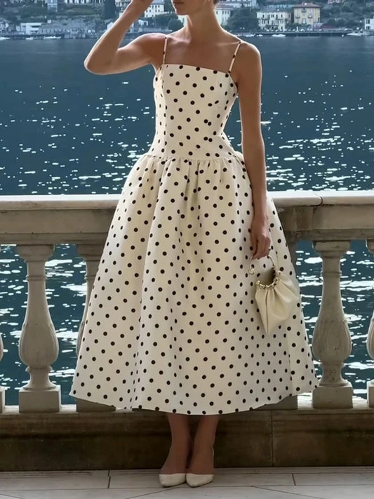 Sexy Spaghetti Strap Polka Dots A-line Dress Women Sleeveless Square Neck High Waist Long Dresses Elegant Evening Party Gowns