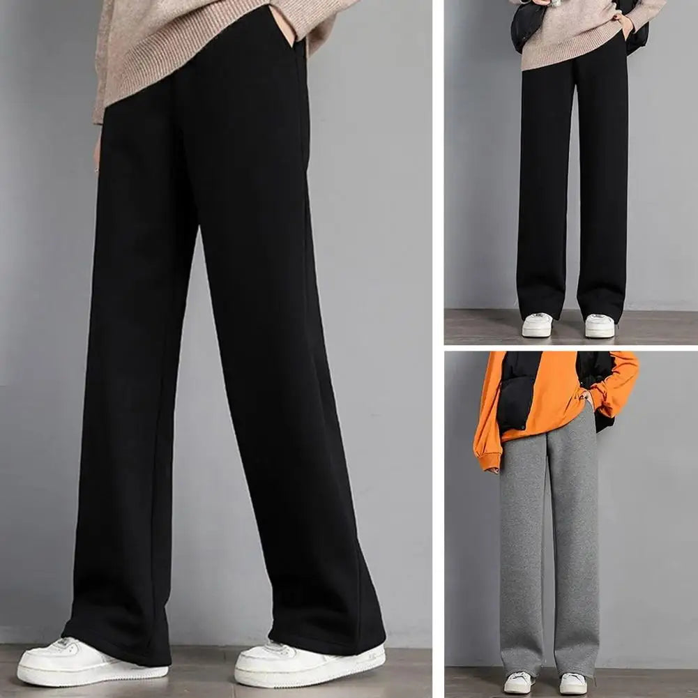 Women Pants Autumn Winter Fleece Lining Pants Elastic High Waist Straight Wide Leg Pants Solid Color Loose Fit Long Trousers
