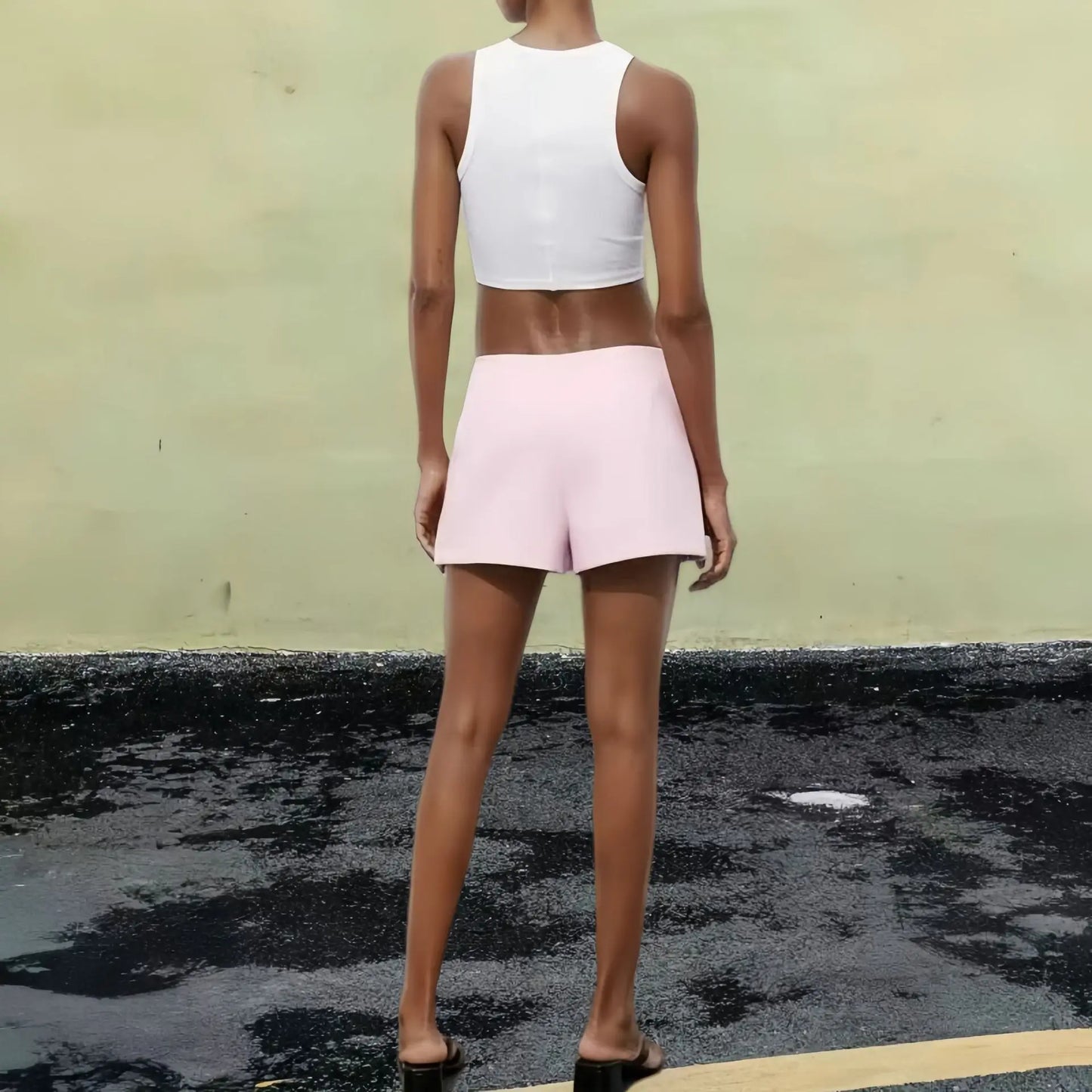 2025 Y2K Asymmetric Cyber Pink Low-Rise Skirt  Bralette Combo Fade-Resistant Streetwear + Crystal White Version