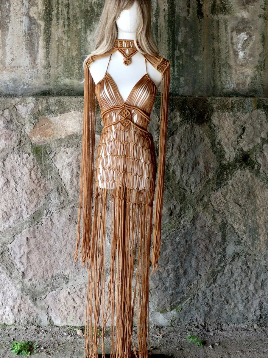 Handmade Crochet Knitted Women Cover Ups Tassel Hollow Out 2 Piece Set 2024 Summer Holiday Outfits Elegant Beach Bathing Suit