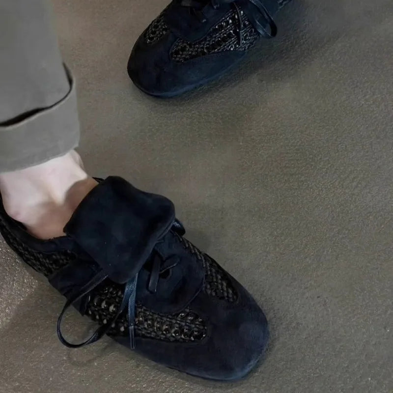 Women's Soft Sole Soft Sneaker Fall New Round Toe Deep Mouth Suede Open Toe Front Lace-Up Non-Slip Flats