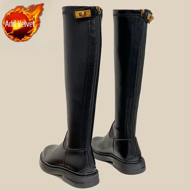 Women's Long Boots Leather Elegant With Low Heels Ladies Knee High Shaft Shoes 2024 New Y2k Demi-season Designer Luxury Fashion