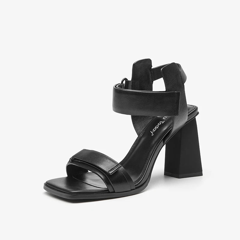 BEAUTODAY High Heel Sandals Women Cow Leather Hook Loop Design Square Toe Elegant Ladies Party Wedding Shoes Handmade 31274